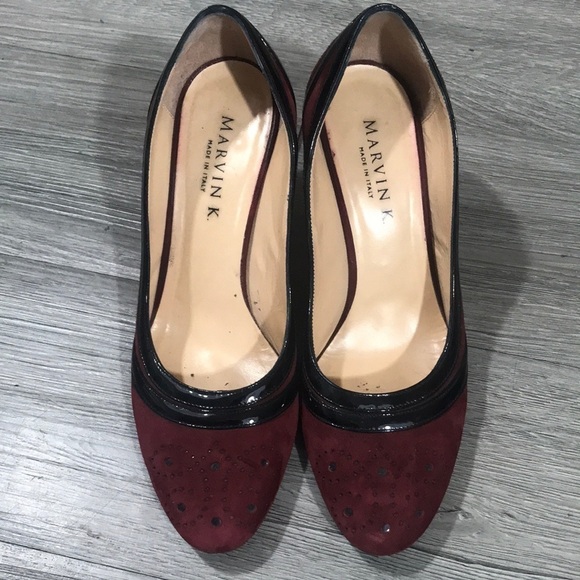 Marvin K. Burgundy Suede Wingtip Detailing Pumps w/ Black Patent Leather Trim